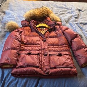 Missoni Burgundy Puffer Jacket with genuine raccoon  Fur Hood & tassels